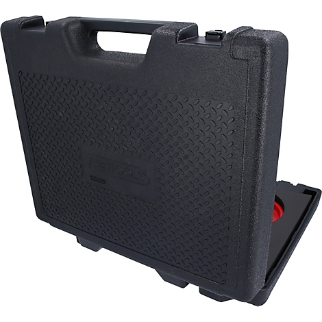 Schwarzer Werkzeugkoffer, leicht geöffnet. Ein roter Kreis ist im Inneren zu sehen. Die Oberfläche hat ein Rautenmuster.